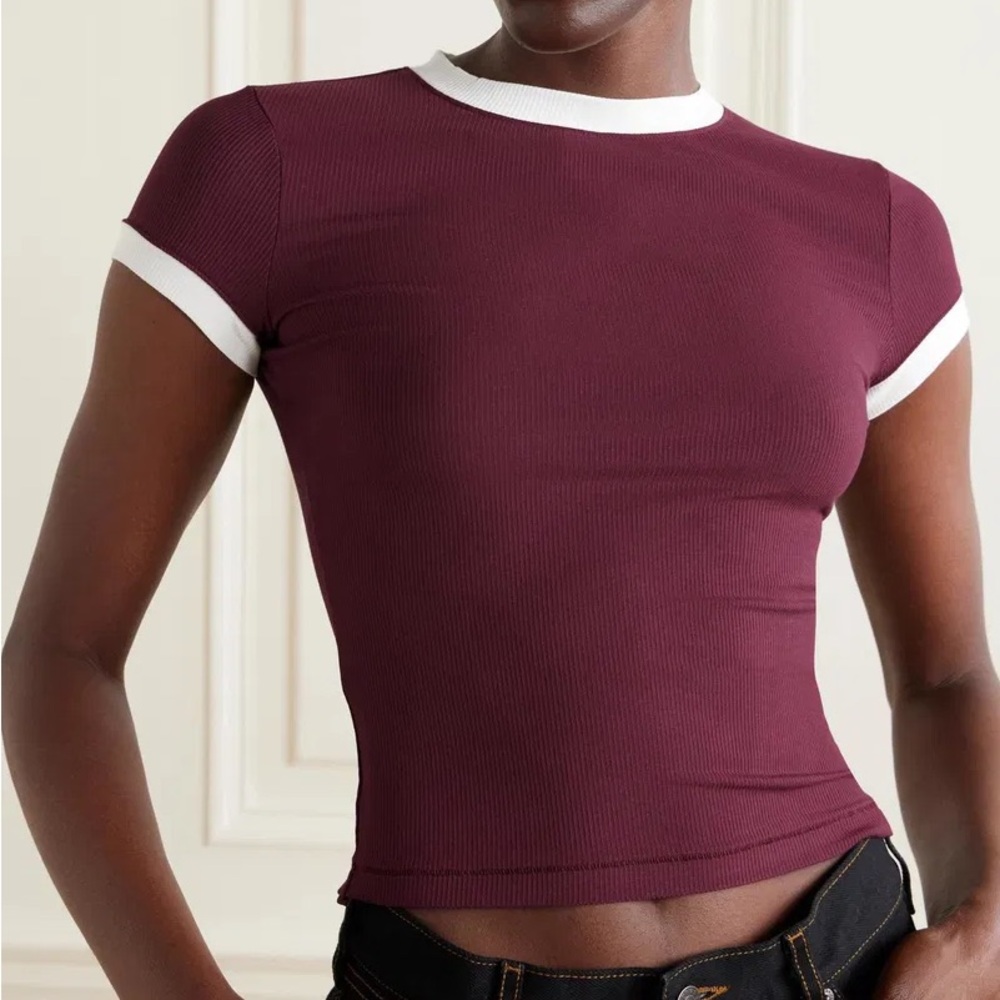 SKIMS Burgundy and White Short Sleeve Tee